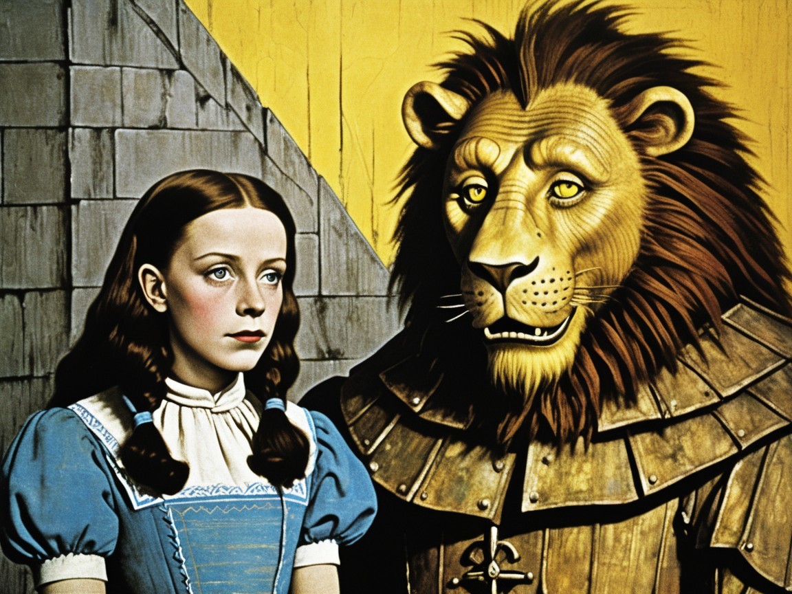 Young girl with lion in armor against bright backdrop