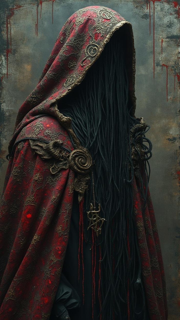 Mysterious Figure in Dark Red Cloak with Intricate Details