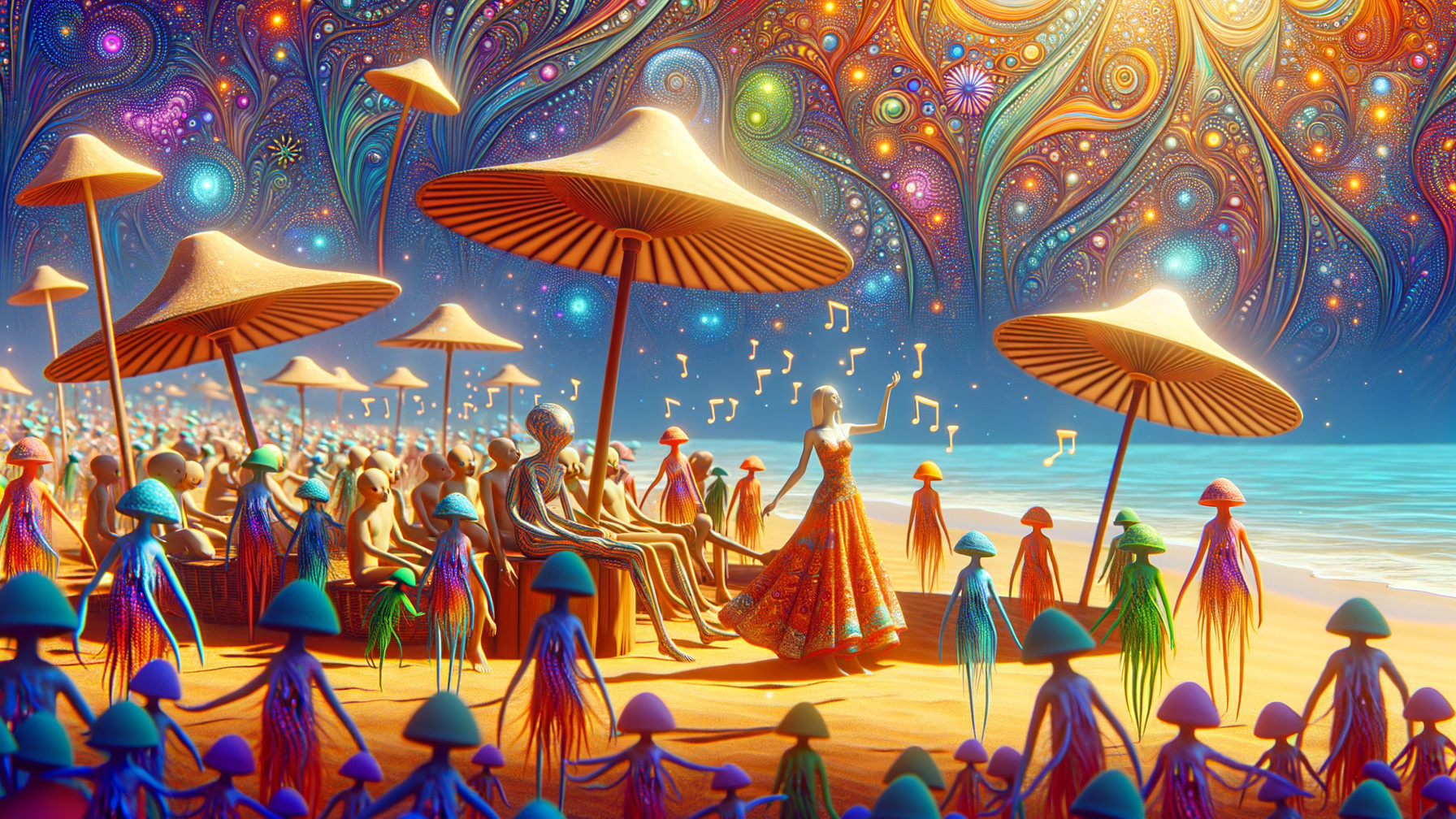Whimsical Beach Scene with Creatures and Abstract Patterns