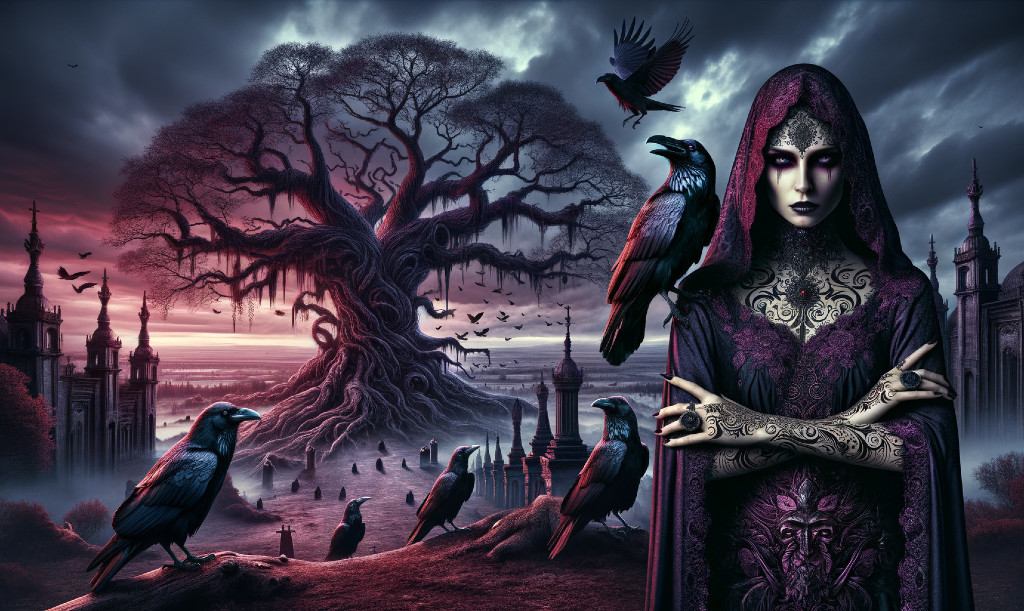 Hooded figure with ravens under tree in gothic landscape