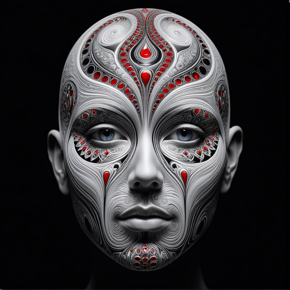 Androgynous Face with Intricate Silver and Red Patterns