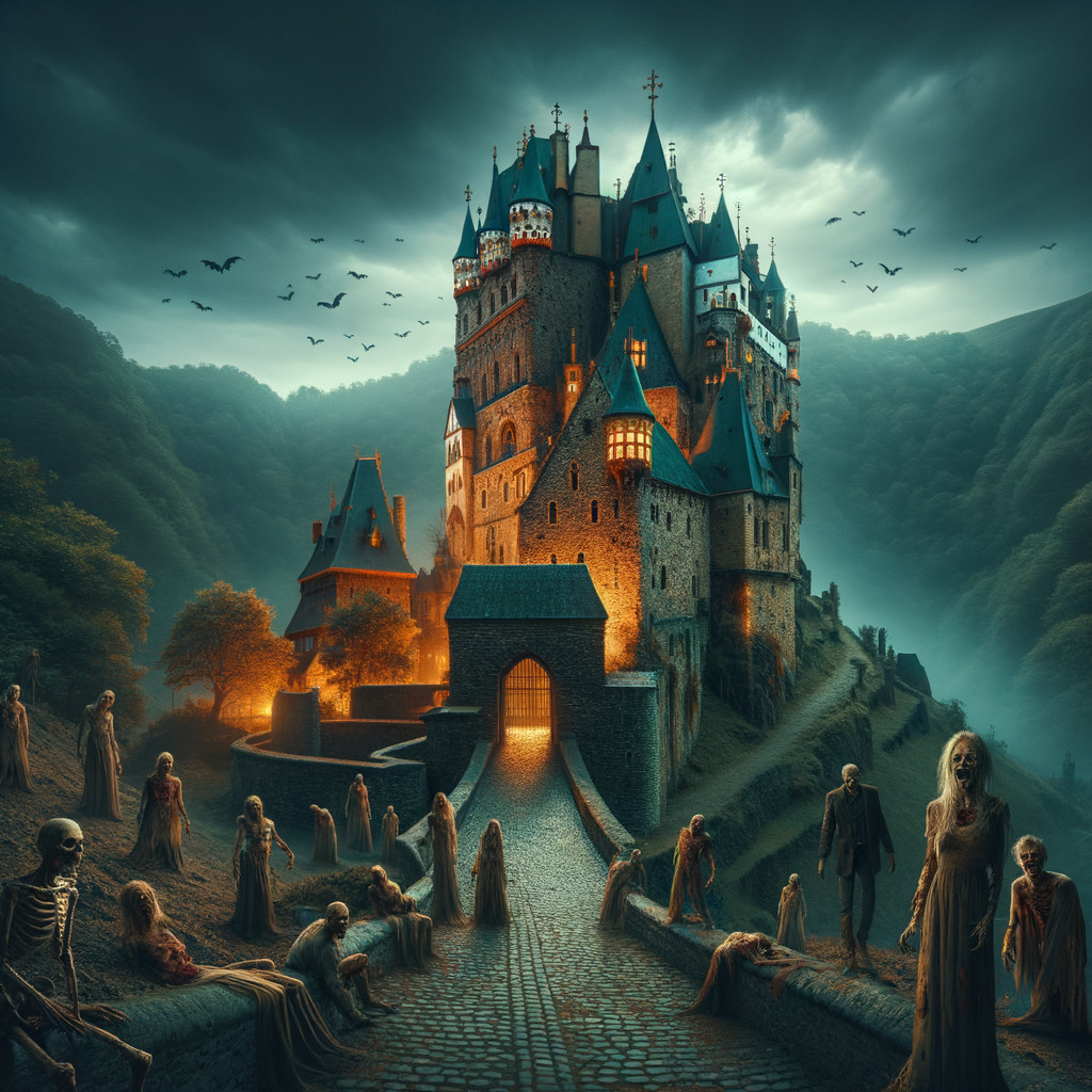 Gothic Castle in Misty Landscape with Eerie Elements