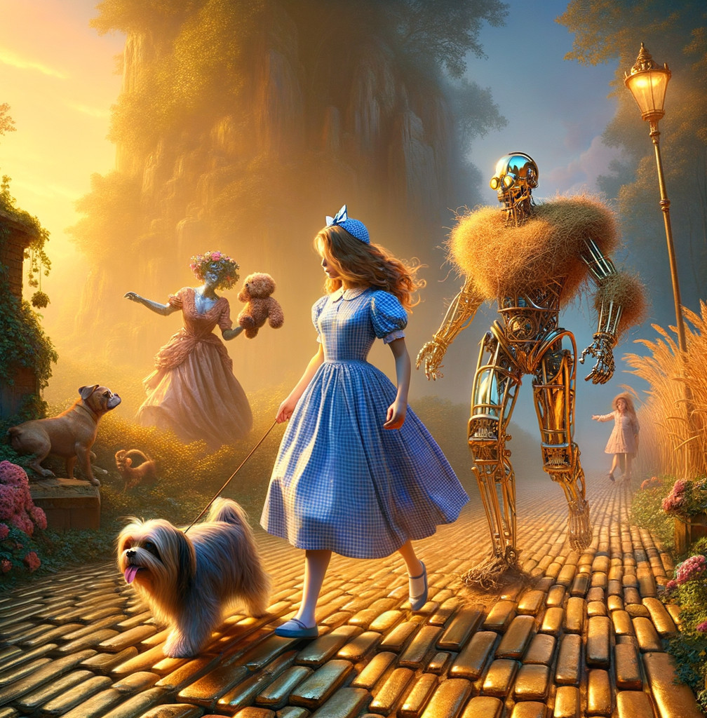 Whimsical Scene of Girl, Dog, and Robot on Path