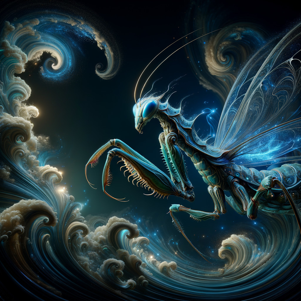 Fantastical Praying Mantis Creature with Ethereal Wings