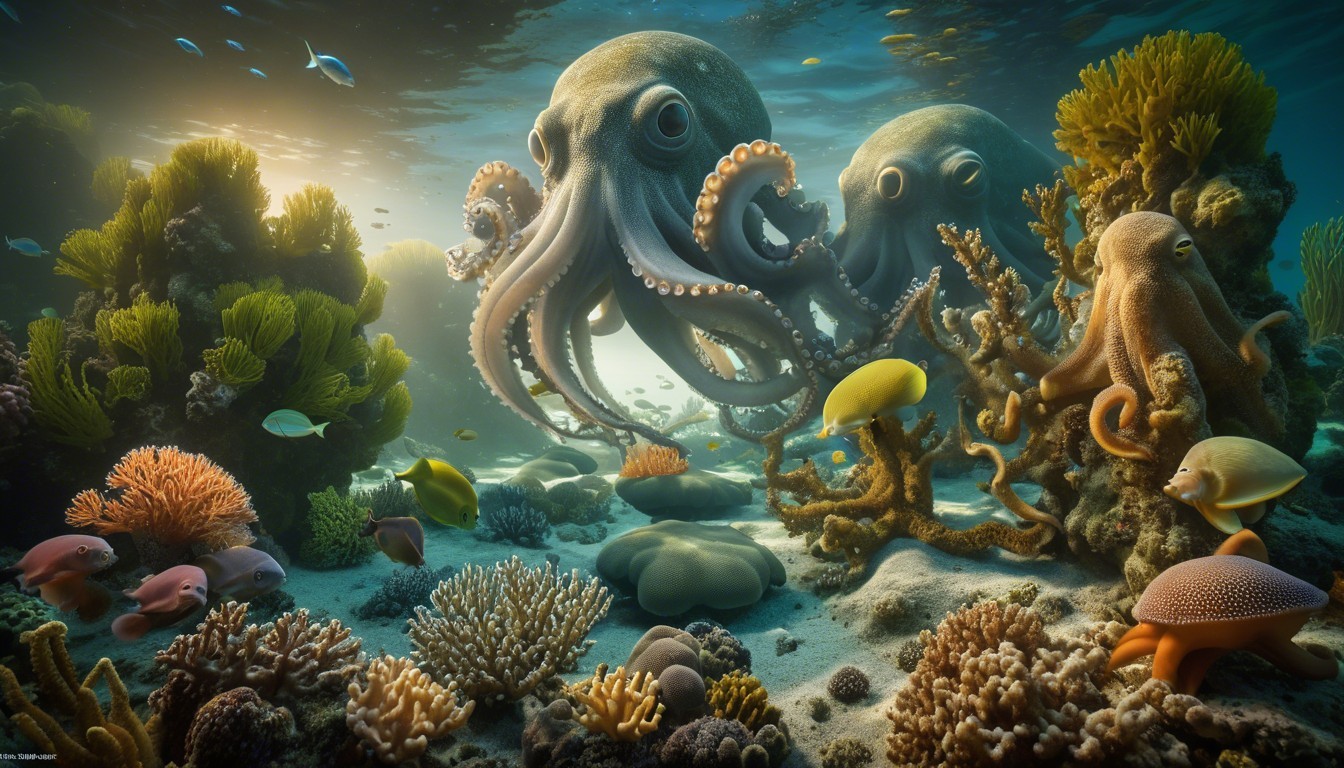 Majestic Octopuses in a Vibrant Coral Reef Scene