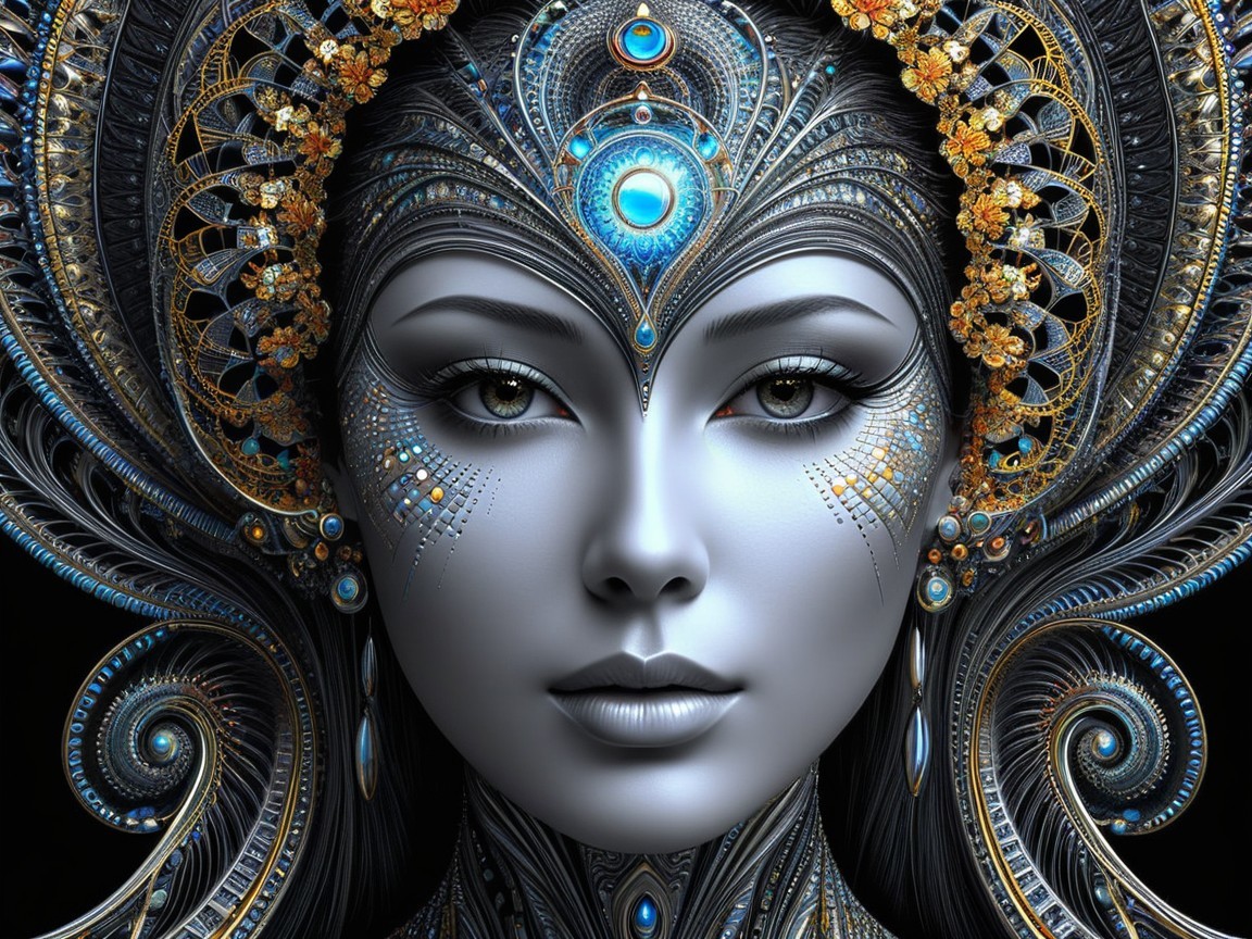 Female face with metallic patterns and elaborate jewelry