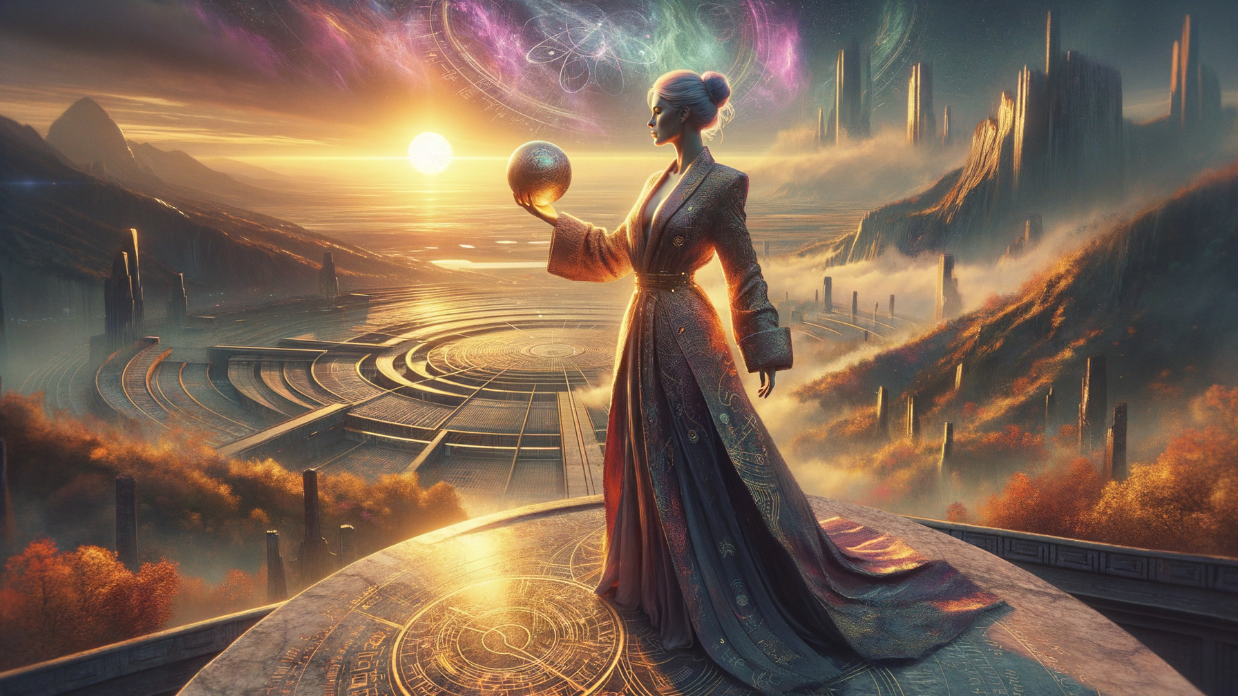 Mystical Figure with Glowing Sphere at Sunrise Landscape