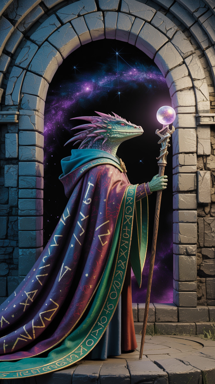 Mystical Reptilian Creature at Stone Archway Entrance