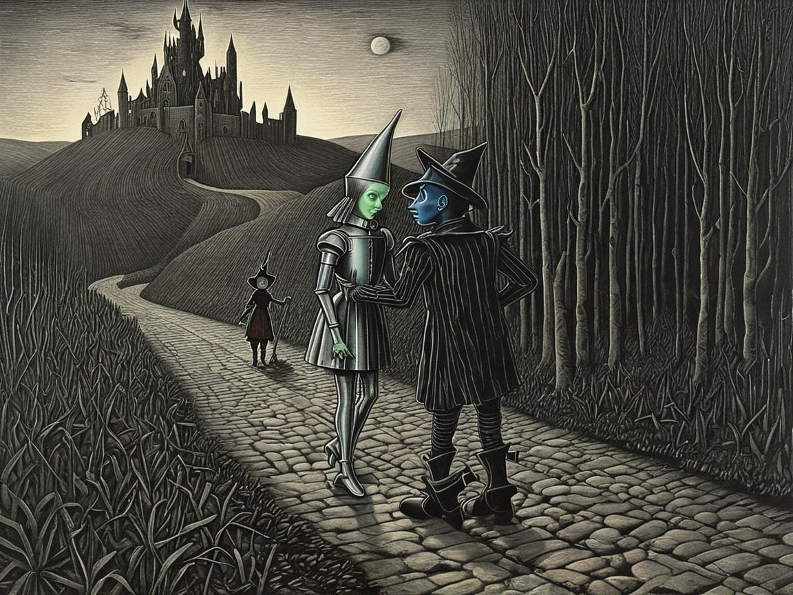 Silver Robot and Blue Figure in Dark Enchanting Scene