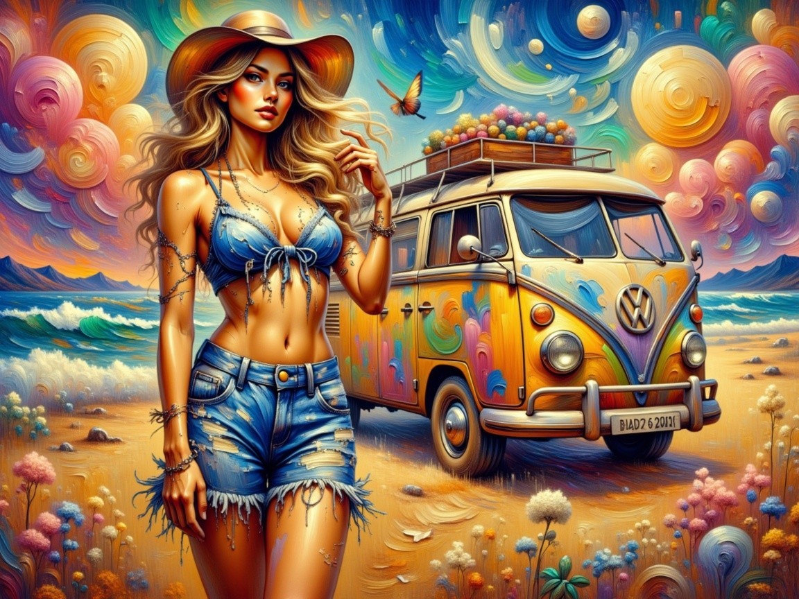 Colorful Beach Scene with Stylish Woman and Van
