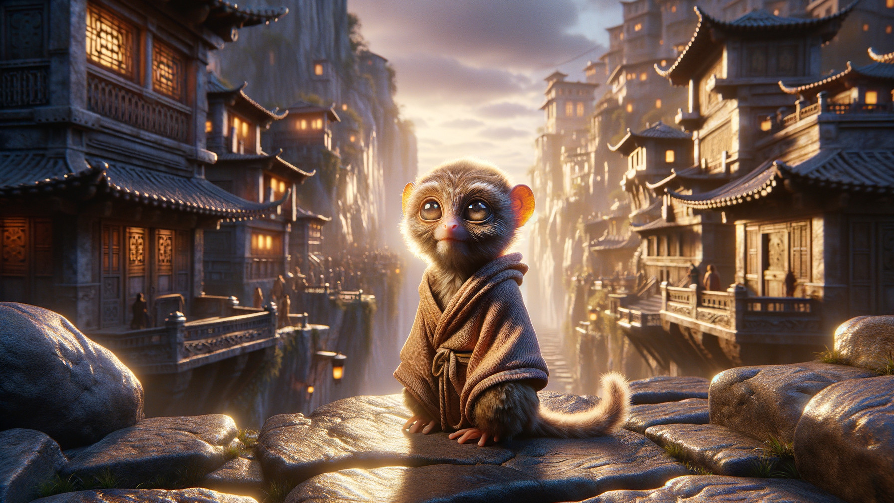 Mystical City Scene with Robed Monkey and Lanterns