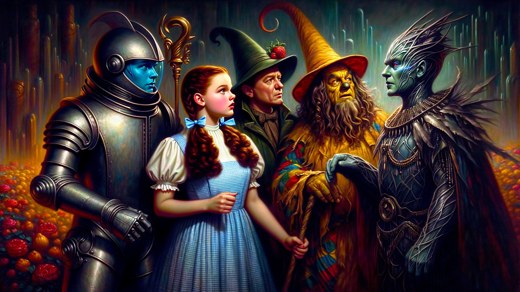 Young girl in enchanted landscape with magical figures