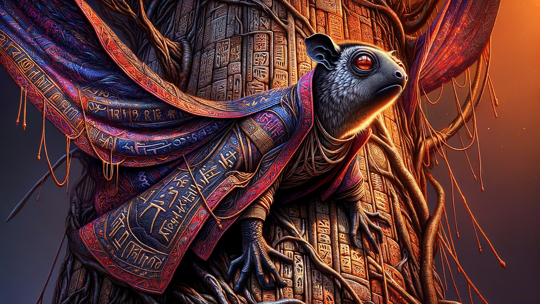 Hybrid Creature on an Ancient Carved Tree