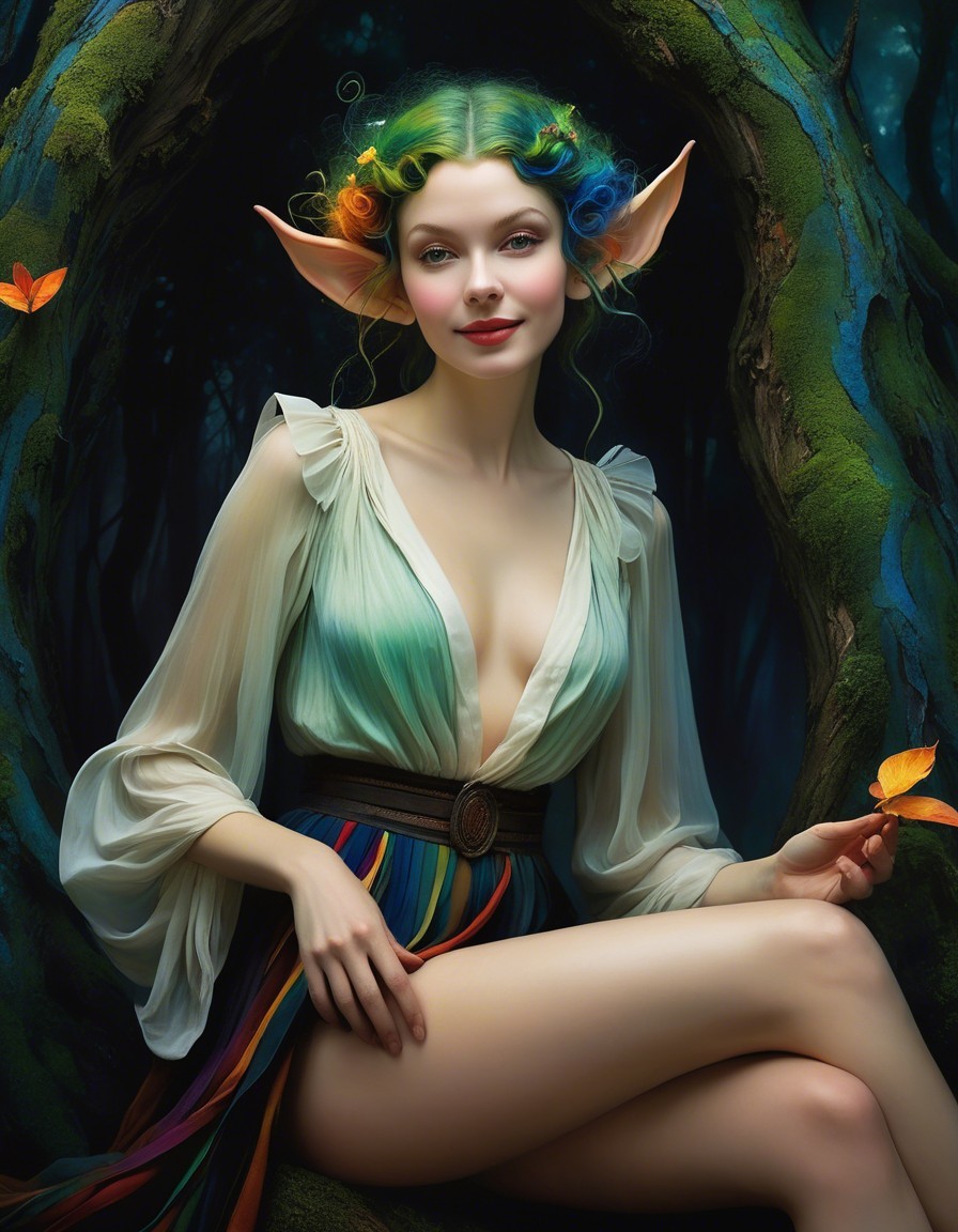 Fairy in Enchanted Forest with Colorful Features
