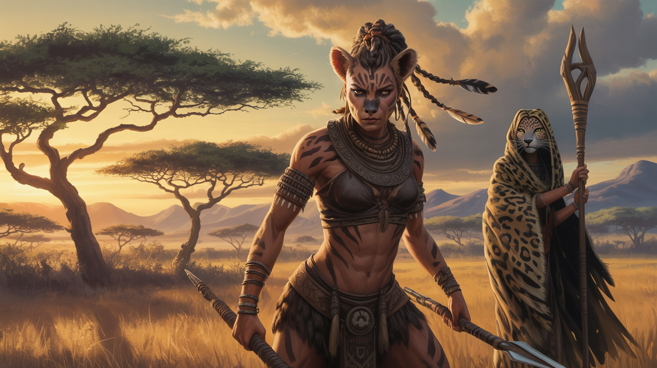 Female Warrior in Savanna with Spear and Mystique