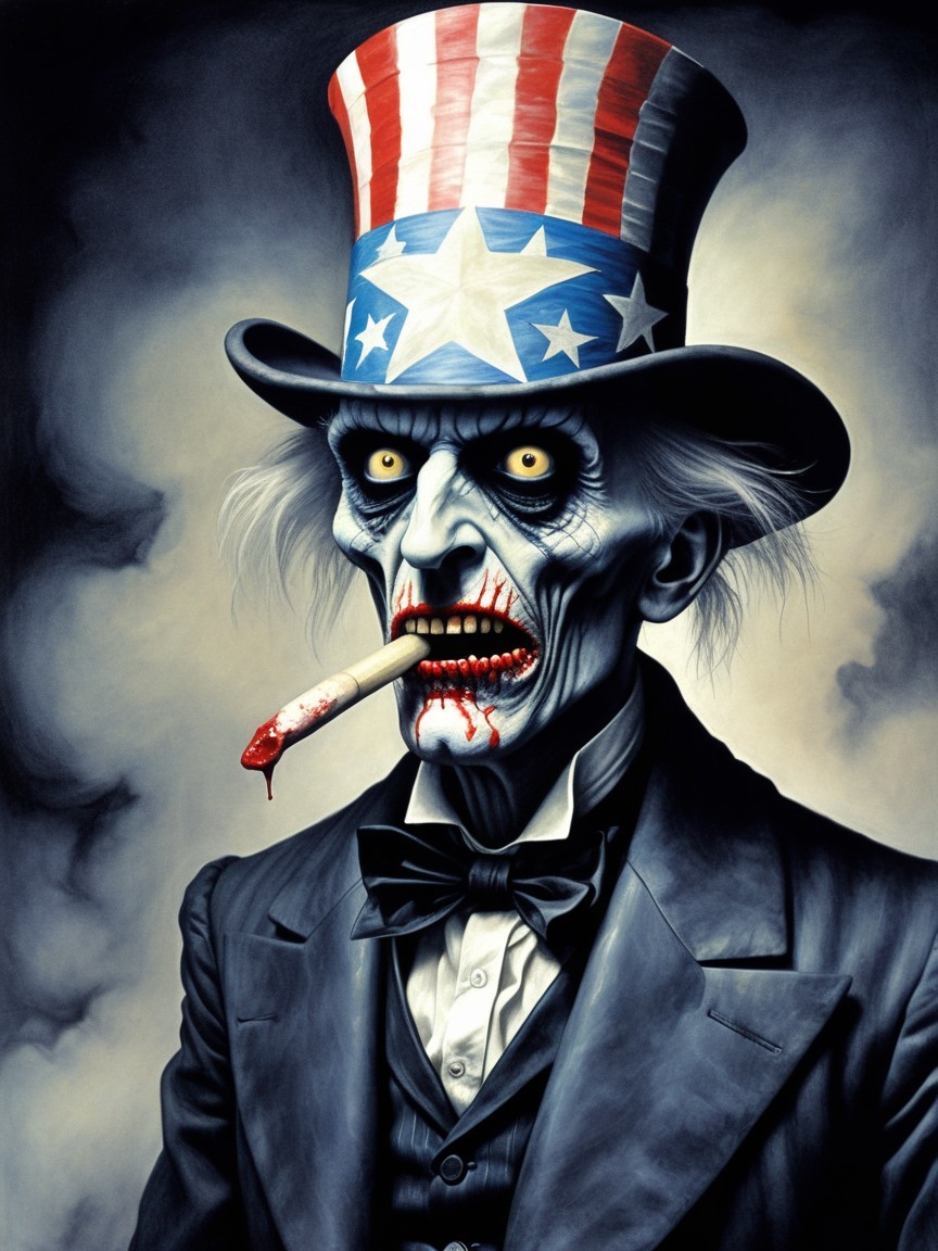 Undead Uncle Sam with Glowing Eyes and Tattered Tuxedo