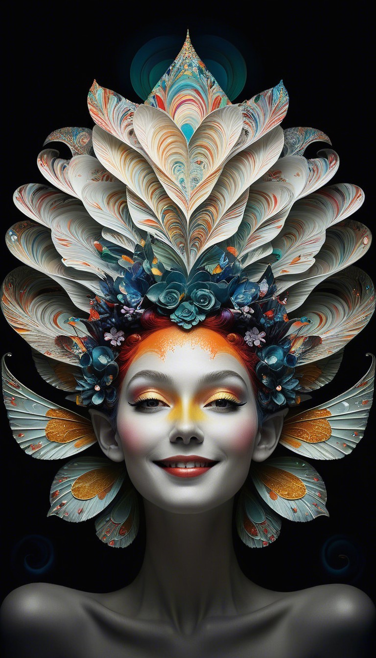 Stylized Portrait of Woman with Floral and Feather Patterns