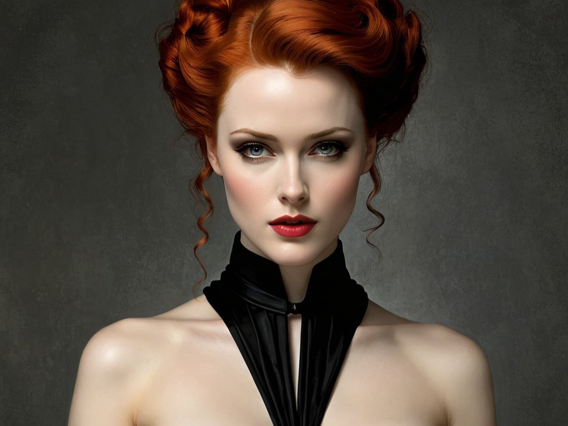 Portrait of a Woman with Red Hair and Dramatic Makeup
