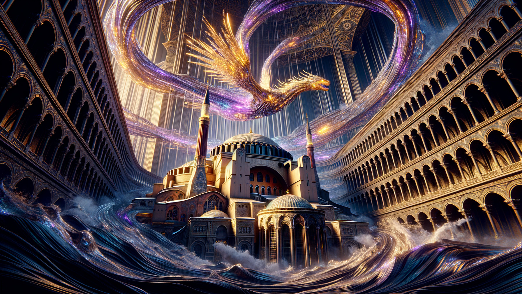 Ethereal Phoenix Over Grand Domed Building Scene