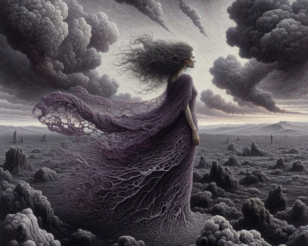 Mysterious Figure in Surreal Landscape with Gown