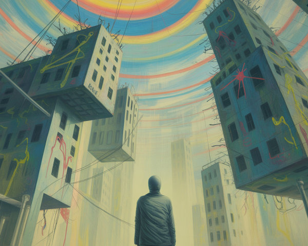 Surreal Urban Landscape with Abstract Floating Buildings