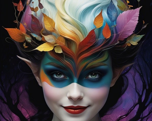Fantastical figure with vibrant face paint in a forest