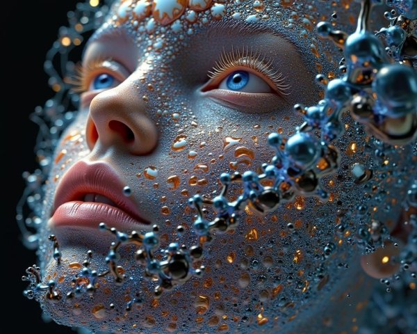 Close-up of a stylized face with shimmering droplets