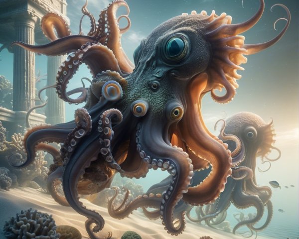 Mystical Underwater Scene with Octopuses and Coral Reefs