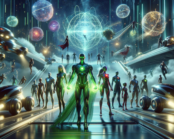 Futuristic Heroes on Grand Staircase in Cosmic Setting