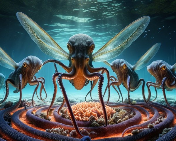 Surreal Underwater Scene with Winged Octopuses and Coral
