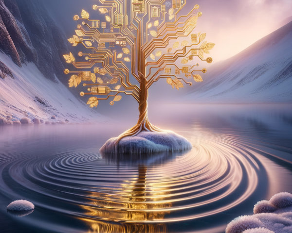 Surreal Landscape with Glowing Circuitry Tree