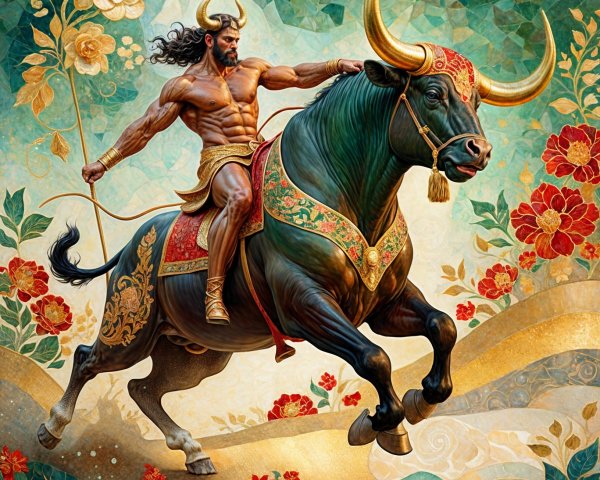 Muscular Warrior on Decorated Bull in Vibrant Scene