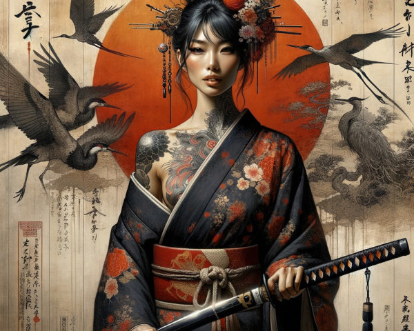 Detailed Woman in Kimono with Tattoos and Katana