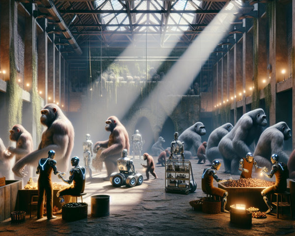 Futuristic Warehouse with Robots and Gorillas Collaborating