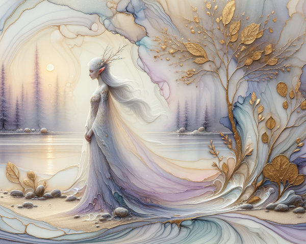 Ethereal Figure by Tranquil Lake in Pastel Landscape