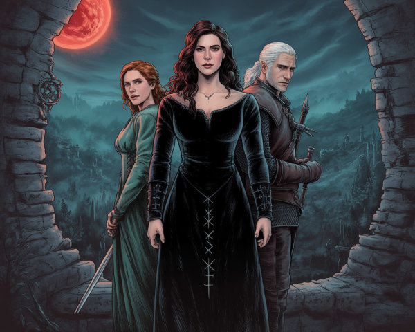 Dramatic Scene with Three Characters Under Moonlight