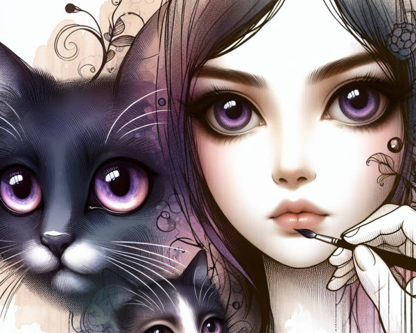 Artwork of a girl with purple eyes and stylized cats