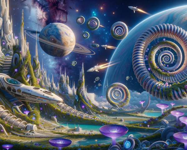 Alien Landscape with Spiraling Structures and Galaxies