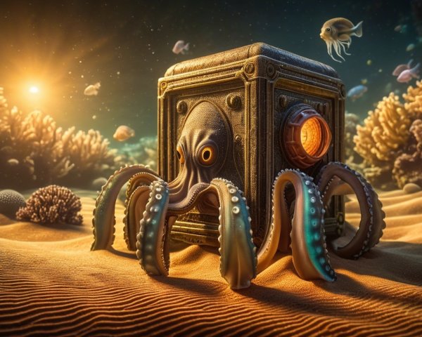 Underwater Scene with Octopus and Vintage Safe
