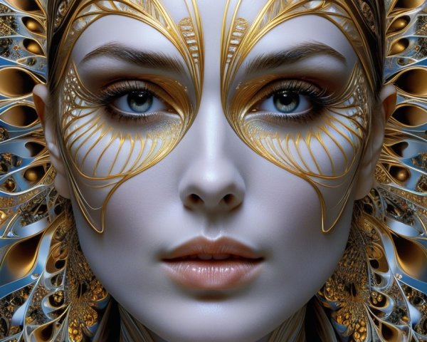 Female figure with golden butterfly mask and swirling background