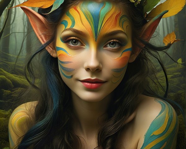 Mystical Forest Scene with Elf-Like Young Woman