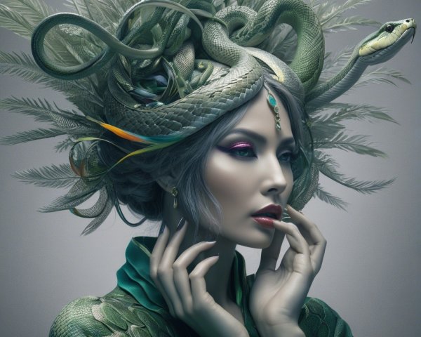 Striking Woman with Serpent Headdress and Bold Makeup
