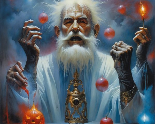 Mystical Figure with White Beard and Enchanting Orbs