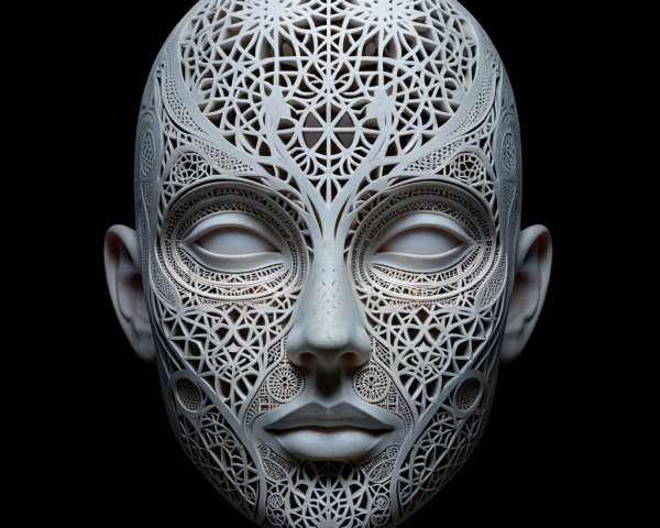Surreal Face Design with Lace Patterns on Dark Background