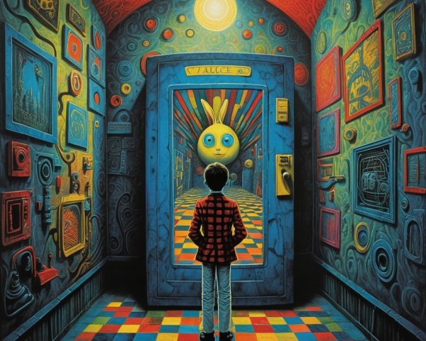 Surreal Hallway with Whimsical Blue Door and Art