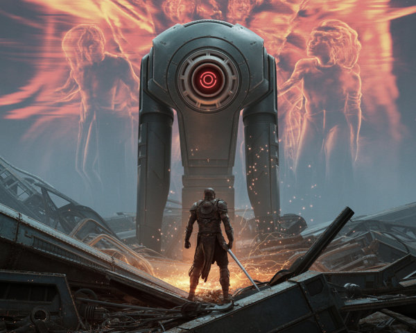 Dystopian Scene with Figure, Robot, and Ghostly Silhouettes
