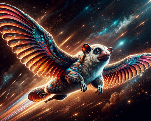 Hedgehog-Bird Creature in Cosmic Colorful Scene