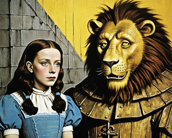 Young girl with lion in armor against bright backdrop