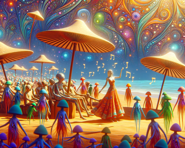 Whimsical Beach Scene with Creatures and Abstract Patterns
