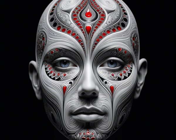 Androgynous Face with Intricate Silver and Red Patterns